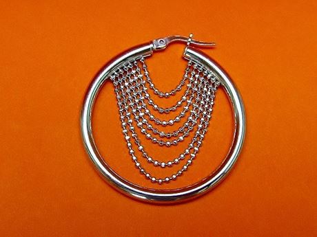 Image de « Perles de coupe diamant », boucles d'oreilles (médium), créoles italiennes en argent avec chaînettes de perles de coupe diamant
