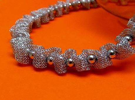 Picture of “Fancy Net” necklace entirely in sterling silver, mesh interspersed with polished round beads