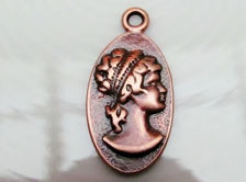 Picture of 12x25 mm, cameo type, female profile, pendant charms, pewter, JBB findings, copper-plated