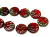 Image de 20 mm, sculpté, perles rondes plates tchèques, rouge foncé, translucide, travertin vert-gris, 6 pièces