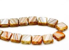 Picture of 10x10 mm, flat square Czech beads, white-orange-grey striped, opaque, travertine, 12 pieces