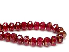 Picture of 6x8 mm, Czech faceted rondelle beads, light garnet red, transparent, golden sheen