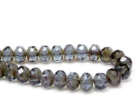 Image de 6x8 mm, perles à facettes tchèques rondelles, bleu gris, transparent, picasso