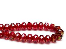 Picture of 6x8 mm, Czech faceted rondelle beads, raspberry red, transparent, golden sheen