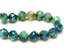 Picture of 8x8 mm, central cut, Czech beads, blue & green-blue, travertine