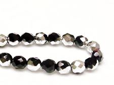 Picture of 8x8 mm, Czech faceted round beads, black, opaque, half tone silver mirror