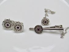 Picture of Cufflinks and tie clips, round, purple and transparent crystals, silver-plated 