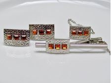 Picture of Cufflinks and tie clips, rectangular, topaz golden yellow crystals, silver-plated 