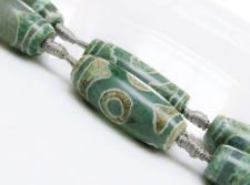 Afbeelding van 30x12 mm, ovale, edelsteen kralen, agaat, Tibetaanse stijl, beige en blauw groen, verkocht per kraal