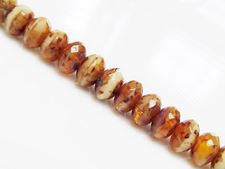 Picture of 5x8 mm, Czech faceted rondelle beads, corn silk white, opaque, honey brown glaze, picasso