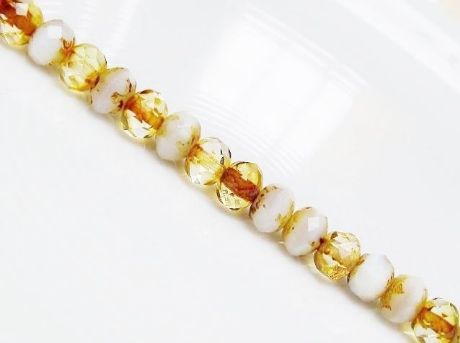 Picture of 4x7 mm, Czech faceted rondelle beads, chalk white and crystal, light yellow travertine finishing