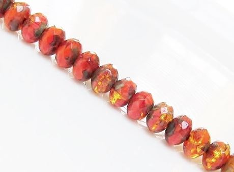 Picture of 5x8 mm, Czech faceted rondelle beads, topaz yellow and crayola red glaze, travertin