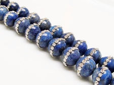 Afbeeldingen van 10x10 mm, rond, edelsteen kralen, natuurlijke lapis lazuli ingelegd met een rij kristallen