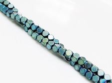 Picture of 3x3 mm, cube, gemstone beads, hematite, green-blue metalized, frosted