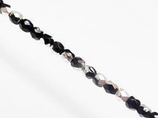 Image de 3x3 mm, perles à facettes tchèques rondes, noires, opaques, miroir partiel argent