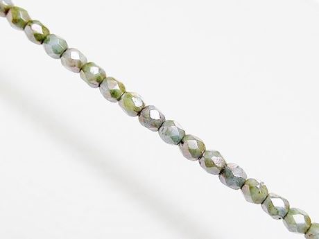 Picture of 3x3 mm, Czech faceted round beads, chalk white, opaque, blue and green fusion luster