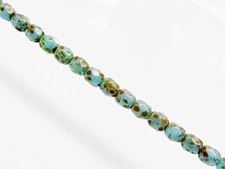 Picture of 3x3 mm, Czech faceted round beads, turquoise blue, opaque, picasso