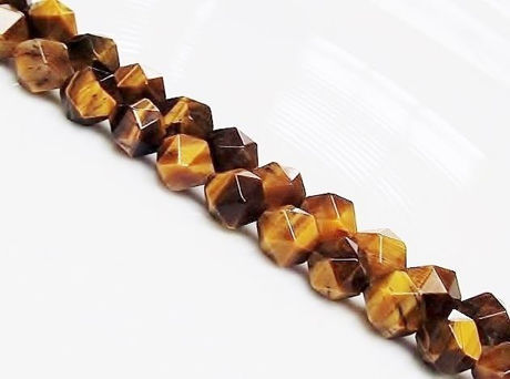 Picture of 7x8 mm, round English cut, gemstone beads, tiger eye, golden-brown, natural, faceted