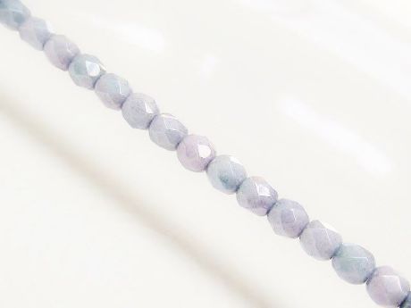 Picture of 4x4 mm, Czech faceted round beads, chalk white, opaque, variegated grey blue luster, 25 beads