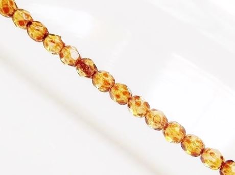 Picture of 4x4 mm, Czech faceted round beads, opal pink, transparent, topaz brown picasso