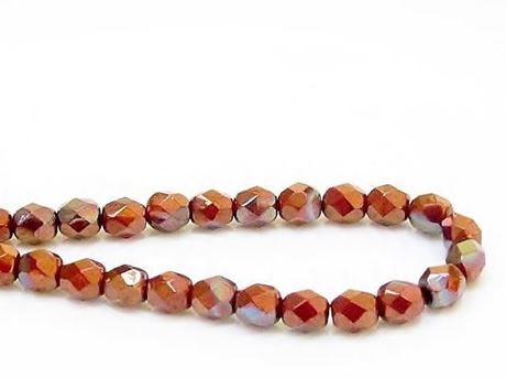 Image de 6x6 mm, perles à facettes tchèques rondes, rouge foncé, opaque, lustrée iris cuivré