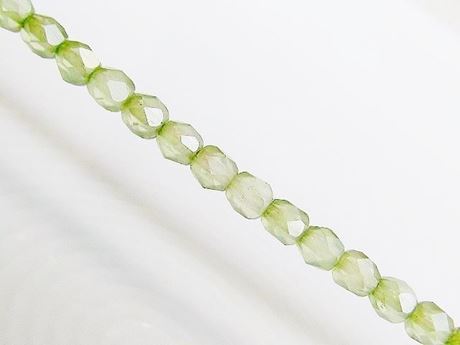 Picture of 3x3 mm, Czech faceted round beads, frosted crystal, translucent, celadon green luster