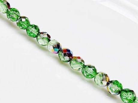 Picture of 8x8 mm, Czech faceted round beads, medium spring green, transparent, half tone 'vitrail' mirror