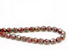 Image de 6x6 mm, perles à facettes tchèques rondes, rouge foncé, opaque, picasso vert-gris antique