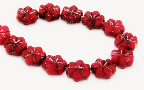 Picture of 8 mm, carved, flat round Czech beads, flower, deep red, opaque, travertine, 12 pieces