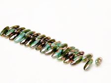 Image de 3x11 mm, perles de verre pressé tchèque, daggers mini, vert sarcelle, opaque, finition pointillée d'or rose