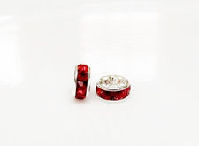 Picture of 6mm, rhinestone rondelle, brass beads, ruby red-silver-plated, 20 pieces