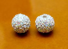 Picture of 10x10 mm, round, alloy beads, silver-plated, AB coated pavé crystals, 2 pieces
