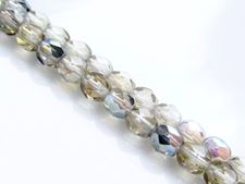 Picture of 4x4 mm, Czech faceted round beads, smoke grey, transparent, AB finishing, pre-strung