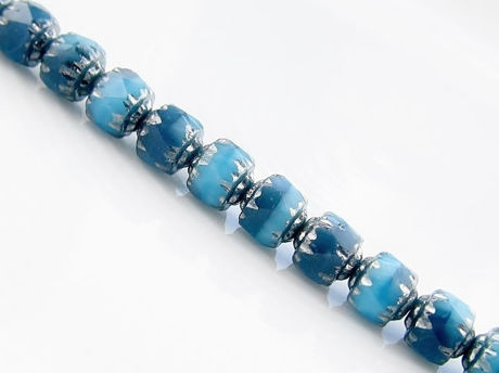 Image de 6x6 mm, cathédrale, perles tchèques, panaché de bleu turquoise et bleu gris, opaque, bords argentés