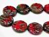 Picture of 20 mm, carved, flat round Czech beads, deep red, translucent, green-grey travertine, 6 pieces