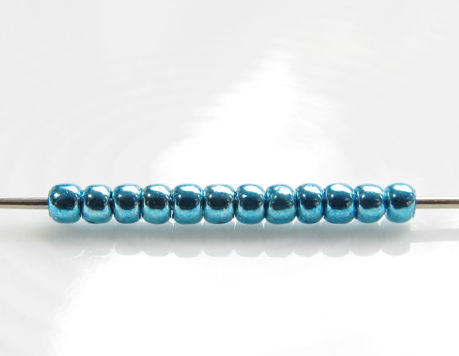 Picture of Japanese seed beads, round, size 11/0, Toho, metallic, aqua sky blue, PermaFinish